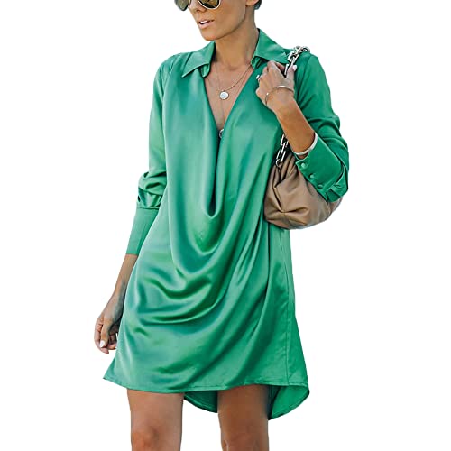 Tidecc Damen Satin Kleid Langarm V Ausschnitt Hemdkleid Mini Seidenkleid Etuikleid Tunika Kleid, grün, 38-40 von Tidecc