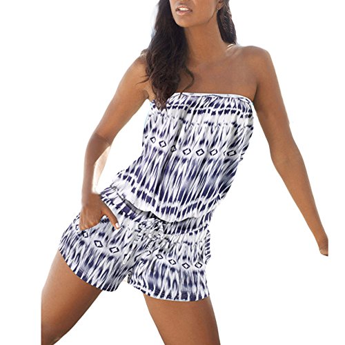 Tidecc Damen Sommer Blumendruck Tube Jumpsuit trägerlos Kordelzug Taille Strampler Strand Club Wear Gr. 36-38, blau von Tidecc