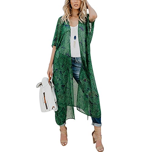 Tidecc Damen Strand Cover Up Chiffon Floral Boho Sommer Lange Cardigan Kimono Bluse Beachwear, grün, 40-42 von Tidecc