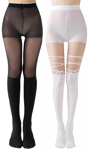 Tidefire Oberschenkel Strumpfhosen High Long Stocking Strapsstrumpfhose Socke für Damen (Mitte+Weiß Bogen) von Tidefire