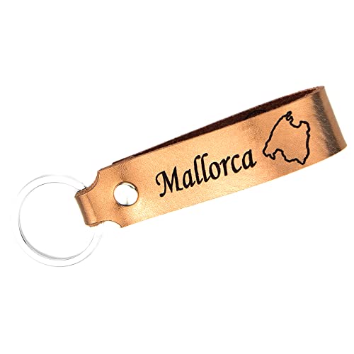 Tidero Schlüsselanhänger Leder mit Gravur Mallorca, beidseitig | Geschenk für Geburtstag, Jahrestag Männer Frauen Spanien Urlaub Malle Souvenir Meer | 100% Handmade in Germany (Kupfer Metallic) von Tidero