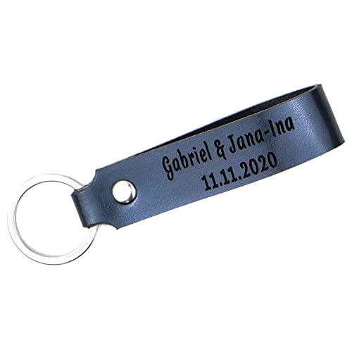 Tidero Schlüsselanhänger Leder mit Wunschgravur ZWEIZEILIG – personalisiert Wunschtext Gravur individuell – Geschenk Weihnachten für Männer Frauen Name Datum – Handmade in Germany – Blau Metallic von Tidero