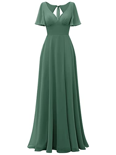 Tidinesslife Damen Formal Lang Abendkleid 2023 Elegant V-Ausschnitt Flügelärmel Hochzeit Party Kleider, Eukalyptus, 44 DE von Tidinesslife