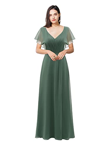 Tidinesslife Damen Formal Lange Abendkleider V-Ausschnitt Chiffon Halbe Ärmel Brautjungfer Kleid Rückenfrei Hochzeit Gästekleid, Eukalyptus, 48 Große Größen von Tidinesslife