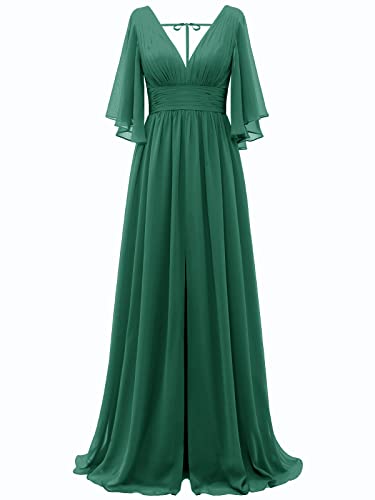 Tidinesslife Damen Langes Abendkleid Formal Tiefer V-Ausschnitt Brautjungfernkleider Ärmel Hohe Taille Hochzeitsgästekleid, Dunkelgrün, 30 Plus von Tidinesslife