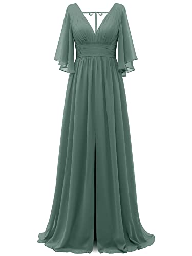 Tidinesslife Damen V Ausschnitt Formal Abendkleid Maxi Ärmel Brautjungfern Kleider Lang Schlitz Hochzeit Party Kleid, Eukalyptus, 22 Plus von Tidinesslife