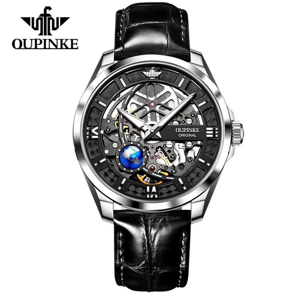 Tidy Automatikuhr OUPINKE Skeleton Uhr - Automatik mit Lederband, 50 m Wasserdicht von Tidy