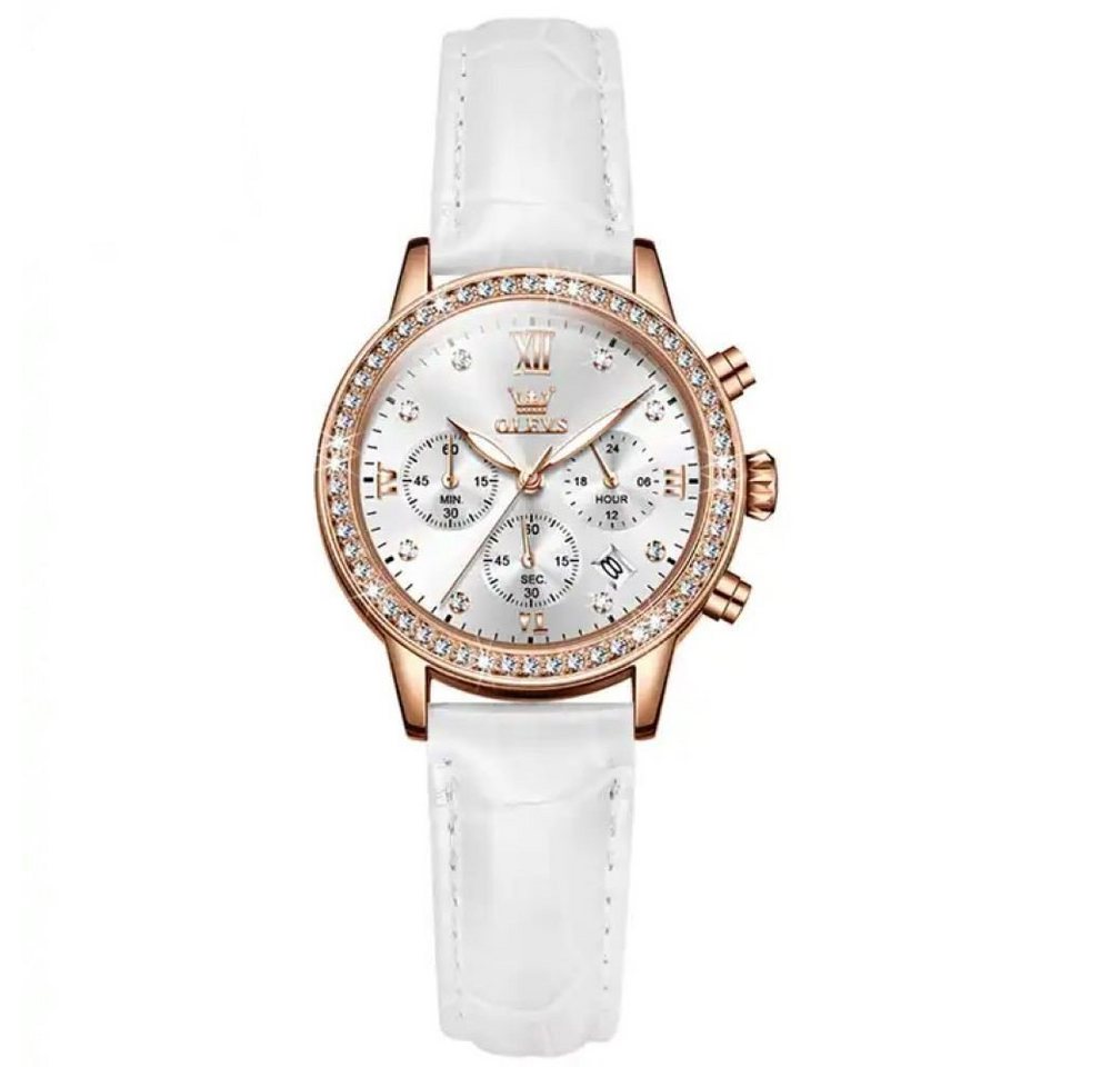 Tidy Quarzuhr Damenuhr Chronograph Rosegold mit Lederarmband und Strass von Tidy