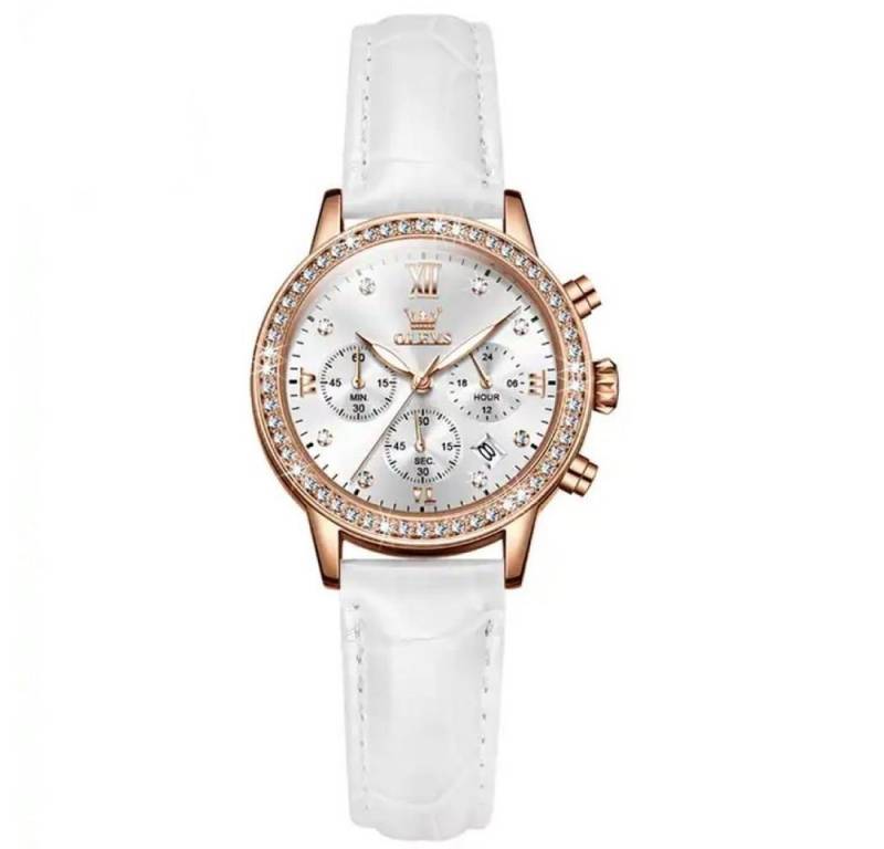 Tidy Quarzuhr Damenuhr Chronograph Rosegold mit Lederarmband und Strass von Tidy