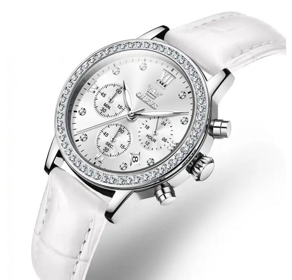 Tidy Quarzuhr Damenuhr Edelstahl Chronograph mit Lederarmband und Kristallen von Tidy