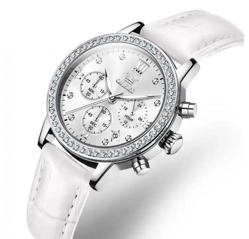 Tidy Quarzuhr Damenuhr Edelstahl Chronograph mit Lederarmband und Kristallen von Tidy