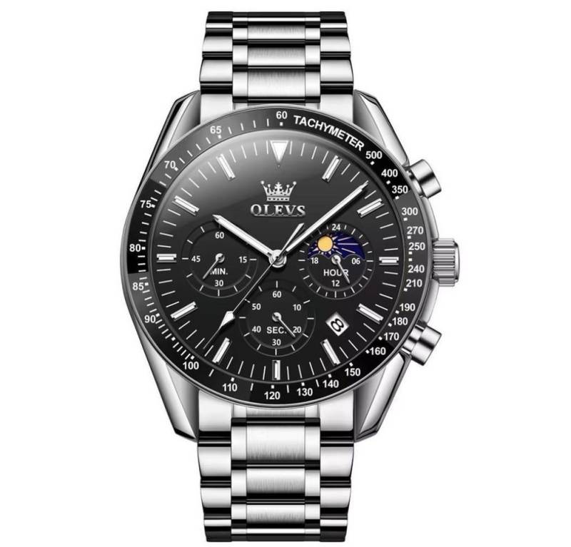 Tidy Quarzuhr Herren-Armbanduhr – Chronograph, Edelstahl, Schwarze Zifferblatt von Tidy