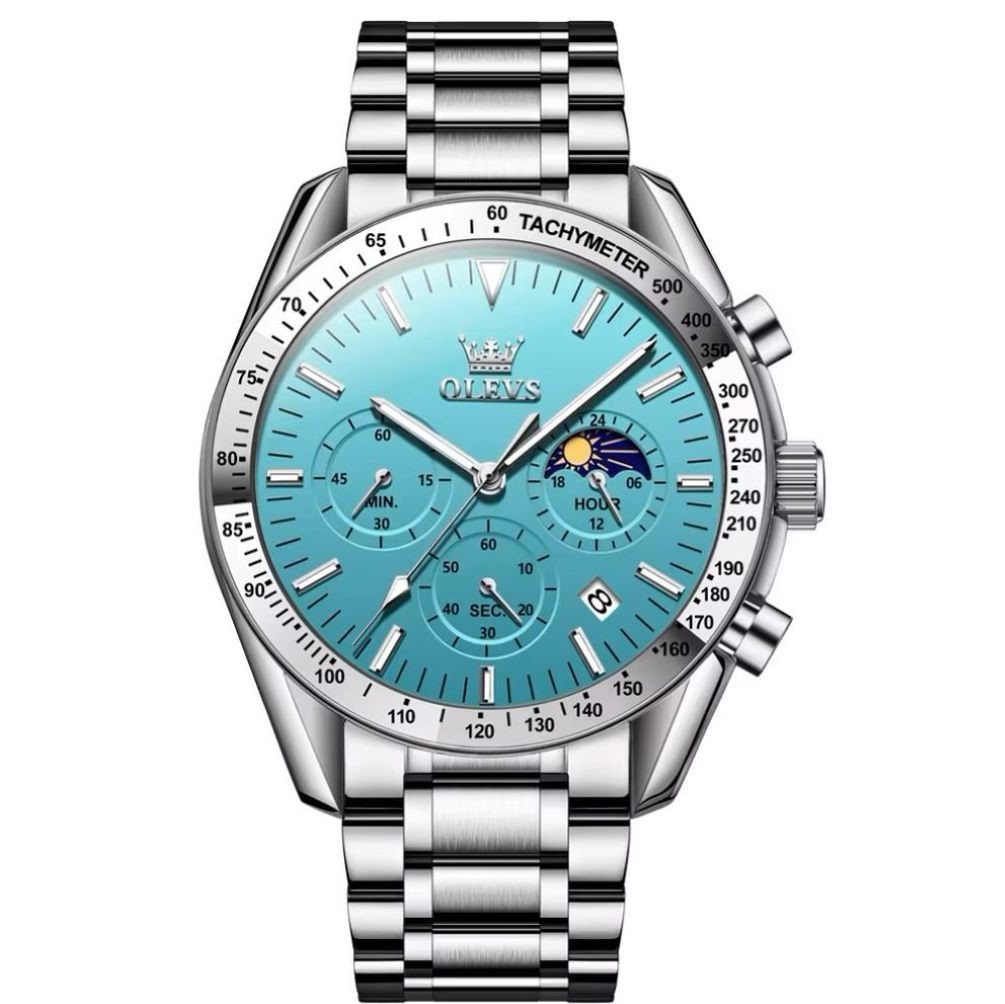 Tidy Quarzuhr Herren-Armbanduhr – Chronograph, Edelstahl, Türkis Zifferblatt von Tidy