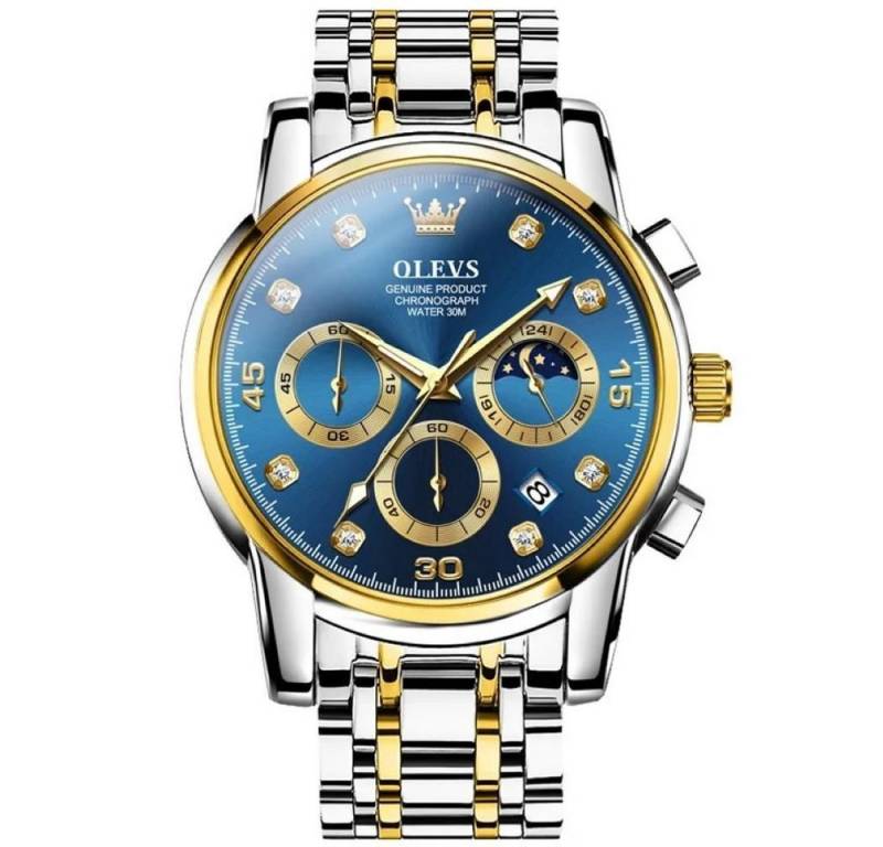 Tidy Quarzuhr Herren Chronograph Bicolor Silber/Gold Blau von Tidy