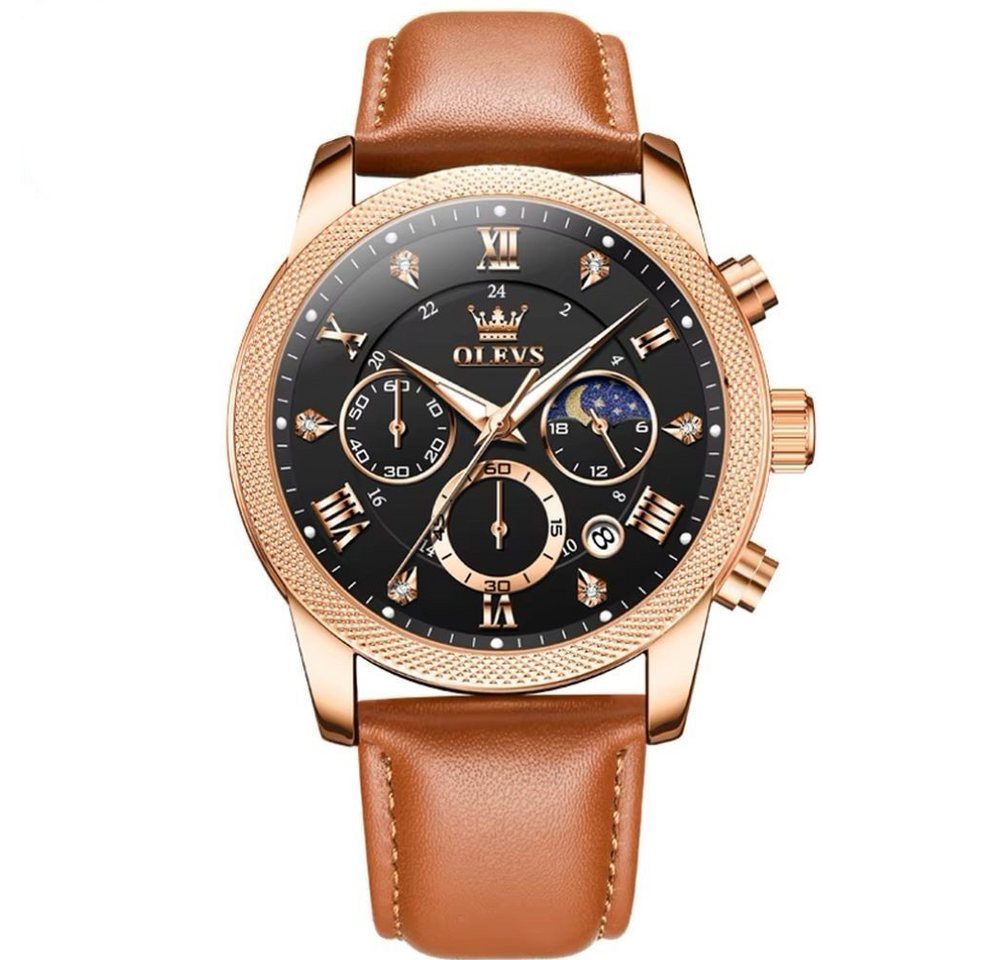 Tidy Quarzuhr Herren Chronograph Uhr—Schwarz Zifferblatt, Braun Lederband von Tidy