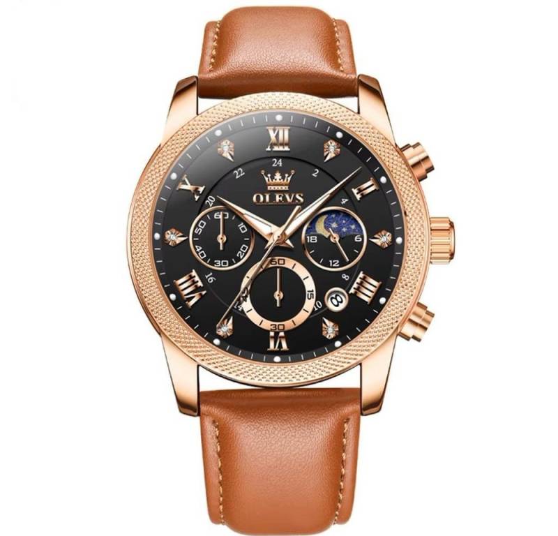 Tidy Quarzuhr Herren Chronograph Uhr—Schwarz Zifferblatt, Braun Lederband von Tidy