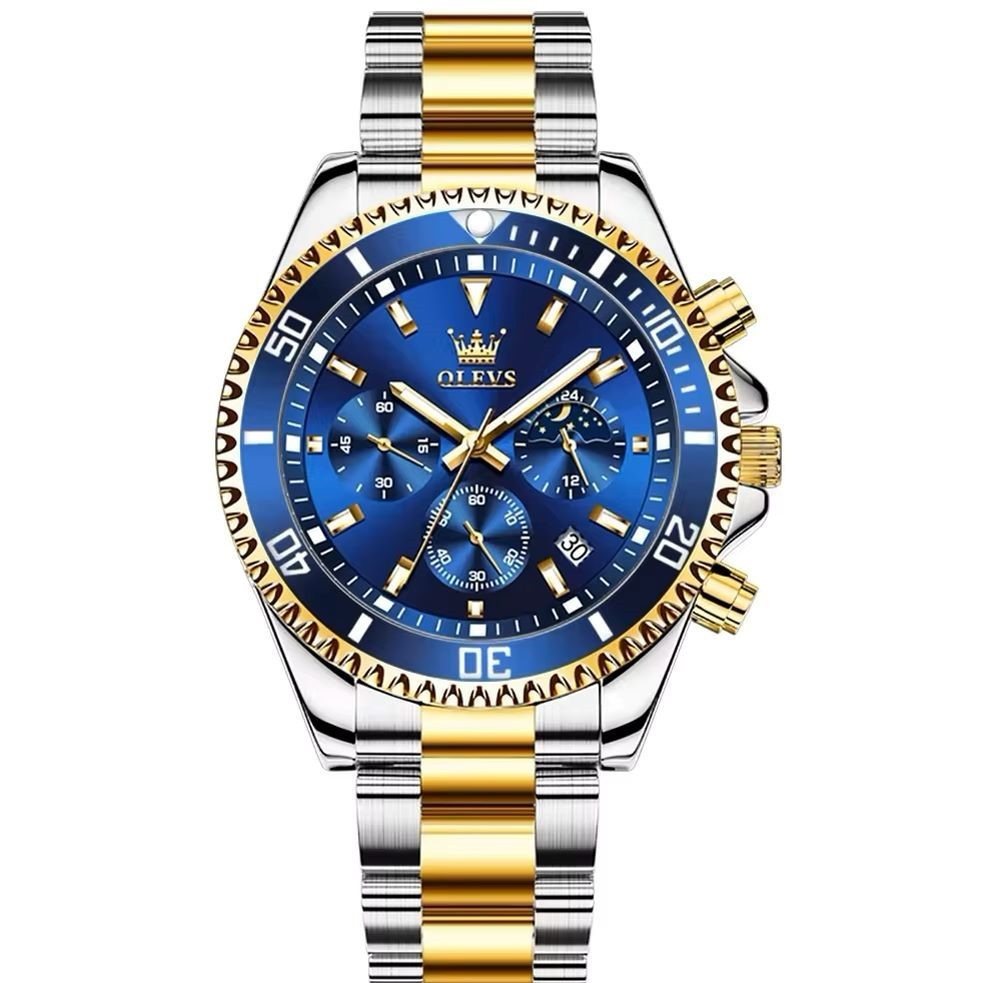 Tidy Quarzuhr Herren-Uhr Chronograf Blau Zifferblatt Quarz Edelstahl Bicolor von Tidy