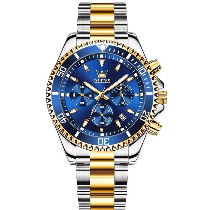 Tidy Quarzuhr Herren-Uhr Chronograf Blau Zifferblatt Quarz Edelstahl Bicolor von Tidy