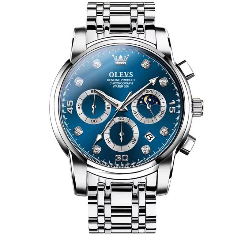 Tidy Quarzuhr Herrenuhr Silber/Blau Chronograph Sportlich Edelstahl von Tidy