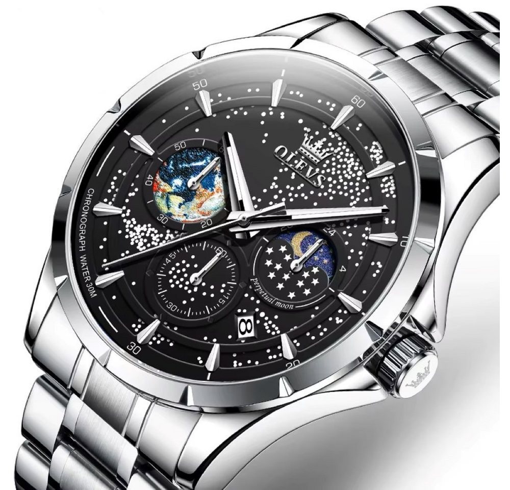 Tidy Quarzuhr Mondphasen-Uhr für Herren Elegant Edelstahlarmband Schwarz von Tidy