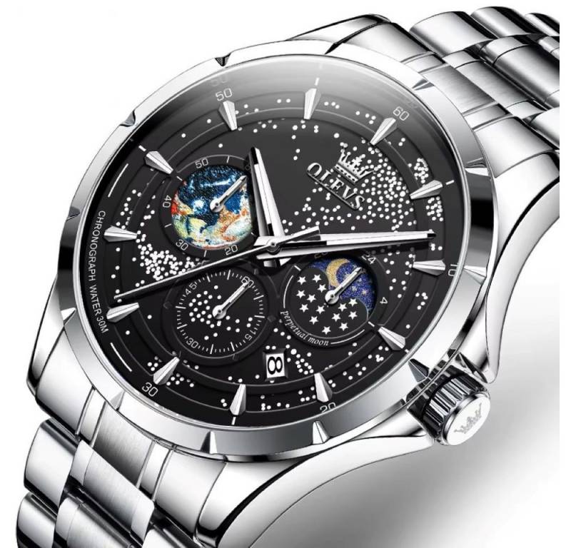 Tidy Quarzuhr Mondphasen-Uhr für Herren Elegant Edelstahlarmband Schwarz von Tidy