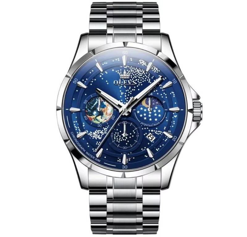 Tidy Quarzuhr Mondphasen-Uhr für Herren Elegant Edelstahlarmband von Tidy