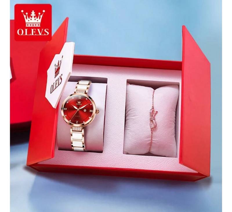 Tidy Quarzuhr Ostern Muttertag Olevs Geschenkset Keramik elegante Damenuhr Weiß 5589 Rot Set, (Keramikuhr mit Armband, Geschenkbox) von Tidy