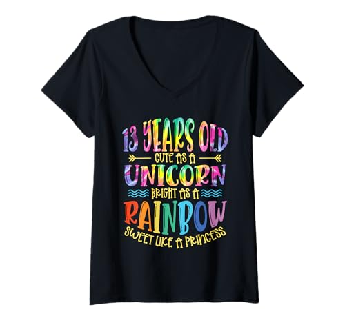 Damen 13 Jahre alt, niedlich wie EIN Einhorn, bunt wie EIN Regenbogen T-Shirt mit V-Ausschnitt Damen 13 Jahre alt, niedlich wie EIN Einhorn, bunt wie EIN Regenbogen T-Shirt mit V-Ausschnitt von Tie Dye Colorful Girl Kids Teens Birthday Apparel