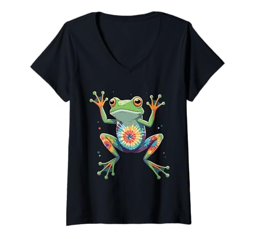 Damen Colorful Tie-Dye Frog Leaping Art for Kids & Nature Lovers T-Shirt mit V-Ausschnitt von Tie-Dye Froggy Leap Art & Design