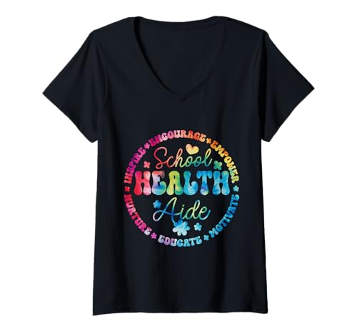 Damen School Health Aide Squad Lustiges Krankenschwesterteam für den Schulanfang T-Shirt mit V-Ausschnitt von Tie Dye School Health Aide & Caregivers Team