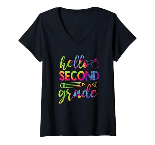 Damen Tie Dye Hallo, Lehrerin der zweiten Klasse, Mädchen zum Schulanfang T-Shirt mit V-Ausschnitt von Tie Dye Teacher Grades Outfits Co.