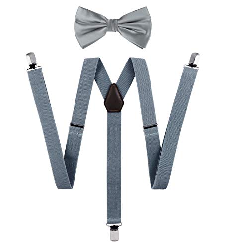 TIE G Herren Hosenträger elastisch und verstellbar mit farblich passender Fliege Set (Grau) von Tie G U Style
