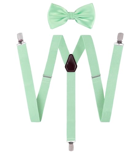 TIE G Herren Hosenträger elastisch und verstellbar mit farblich passender Fliege Set (Minze) von Tie G U Style