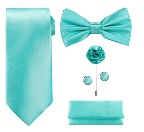 Tie G U Style - Männer Set mit 5 Krawatten in einer Geschenkbox: Krawatten-Sets: Einfarbige Krawatte, Satin-Fliege, Einstecktuch, Revers, Manschettenknopf (A - Aqua) von Tie G U Style