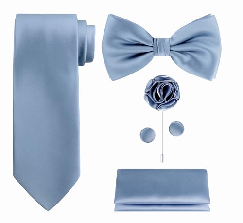 Tie G U Style - Männer Set mit 5 Krawatten in einer Geschenkbox: Krawatten-Sets: Einfarbige Krawatte, Satin-Fliege, Einstecktuch, Revers, Manschettenknopf (A-dusty Blue) von Tie G U Style