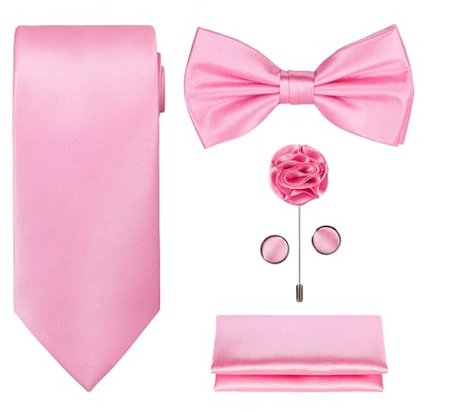 Tie G U Style - Männer Set mit 5 Krawatten in einer Geschenkbox: Krawatten-Sets: Einfarbige Krawatte, Satin-Fliege, Einstecktuch, Revers, Manschettenknopf (A - pink) von Tie G U Style