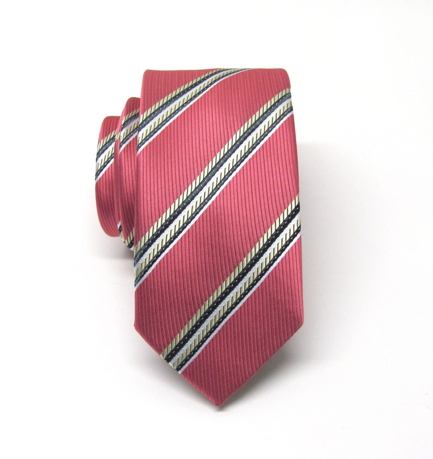 Herren Krawatten Coral Rose Gelb Grau Streifen Dünne Krawatte von TieObsessed