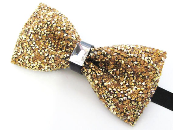 Herren Kristall Fliege Perlen Gold Auf Schwarz Verstellbare Vorgebundene von TieObsessed