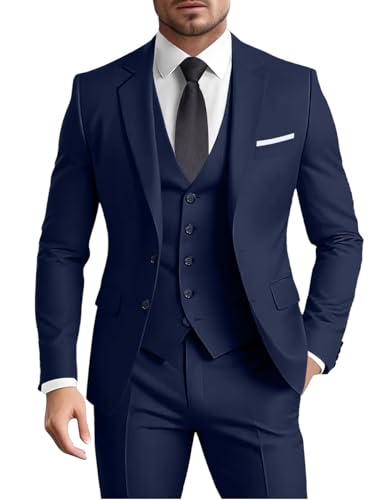 Herren Anzug 3-teilig Slim Fit formelle Business Hochzeit 2 Knöpfe Blazer Weste Hosen Set Smoking, marineblau, L von Tiefony