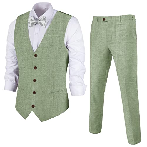 Herren Leinen 2-teiliger Anzug Slim Fit Hochzeit Trauzeugen Smoking Sommer Strand Abschlussball Weste Hosen Set, Hellgrün, S von Tiefony