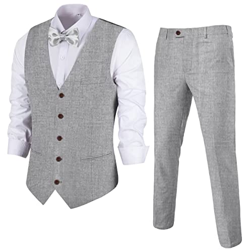 Herren Leinen 2-teiliger Anzug Slim Fit Hochzeit Trauzeugen Smoking Sommer Strand Abschlussball Weste Hosen Set, grau, XX-Large von Tiefony