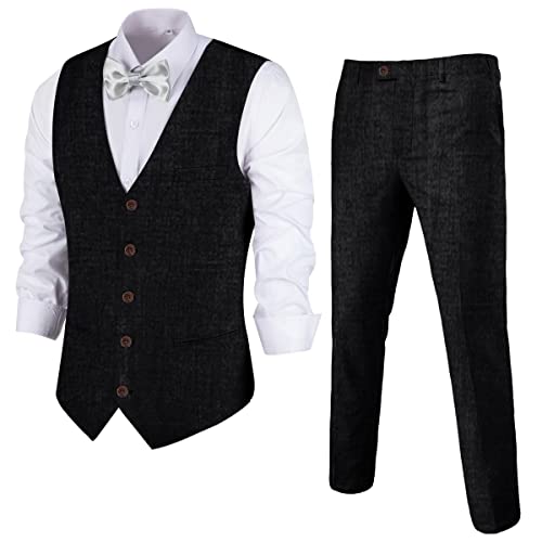 Herren Leinen 2-teiliger Anzug Slim Fit Hochzeit Trauzeugen Smoking Sommer Strand Abschlussball Weste Hosen Set, schwarz, XS von Tiefony