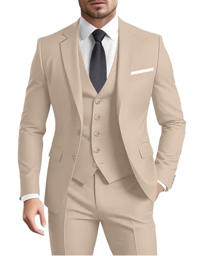 Herrenanzug 3-teilig Slim Fit Formal Business Hochzeit 2 Knöpfe Blazer Weste Hosen Set Smoking, Champagner, M von Tiefony
