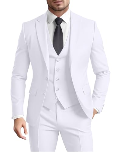 Herrenanzug 3-teilig Slim Fit Formal Business Hochzeit 2 Knöpfe Blazer Weste Hosen Set Smoking, Weiss/opulenter Garten, M von Tiefony
