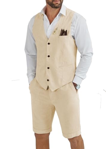 Tiefony Herren Leinen 2-teiliger Anzug Slim Fit Hochzeit Bräutigam Trauzeugen Sommer Weste Shorts Set, Champagner, L von Tiefony