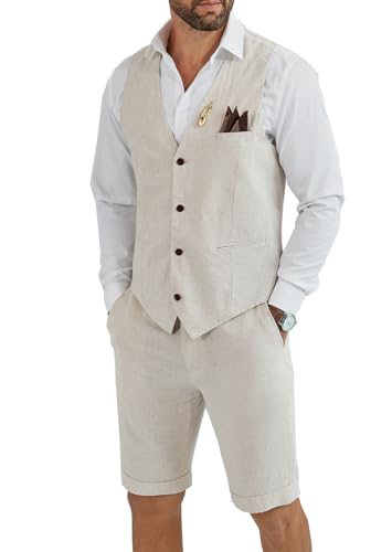 Tiefony Herren Leinen 2-teiliger Anzug Slim Fit Hochzeit Bräutigam Trauzeugen Sommer Weste Shorts Set, Cremefarben, L von Tiefony