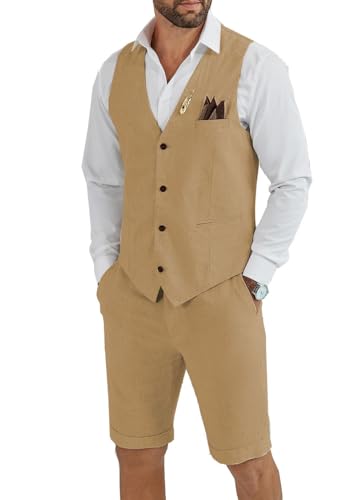 Tiefony Herren Leinen 2-teiliger Anzug Slim Fit Hochzeit Bräutigam Trauzeugen Sommer Weste Shorts Set, Khaki, L von Tiefony