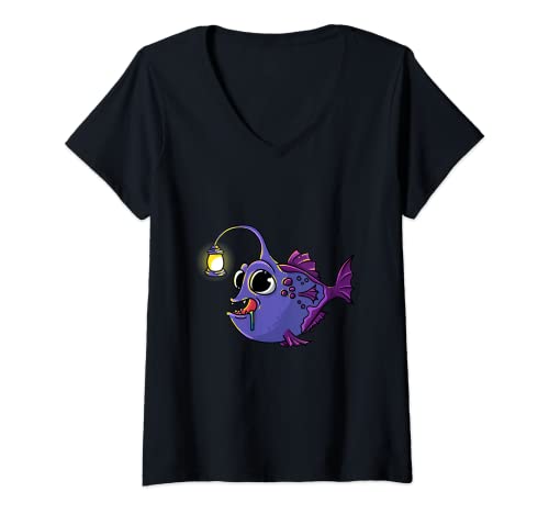 Damen Tiefsee-Anglerfisch Angler Taucher Geschenk Laternenfisch T-Shirt mit V-Ausschnitt Damen Tiefsee-Anglerfisch Angler Taucher Geschenk Laternenfisch T-Shirt mit V-Ausschnitt von Tiefsee-Anglerfisch Taucher Angler Aquarianer