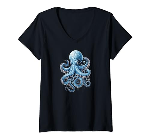 Damen Farbenfroher Tintenfisch, Oktopus und Kalmar T-Shirt mit V-Ausschnitt Damen Farbenfroher Tintenfisch, Oktopus und Kalmar T-Shirt mit V-Ausschnitt von Tiefsee Oktopus und Kraken