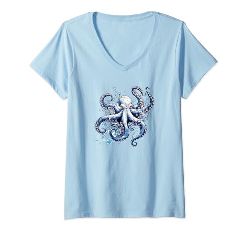 Damen Mysteriöser Tintenfisch, Oktopus Tiefsee Kraken T-Shirt mit V-Ausschnitt von Tiefsee Oktopus und Kraken